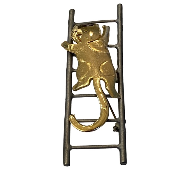 VTG Ultra Craft Cat On Ladder Goldstone And Pewter 3.25” Brooch Pin - Picture 2 of 4